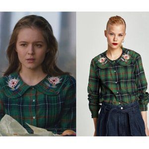 Zara Green Tartan Plaid Embroidered Peter Pan Collar Top Size Small